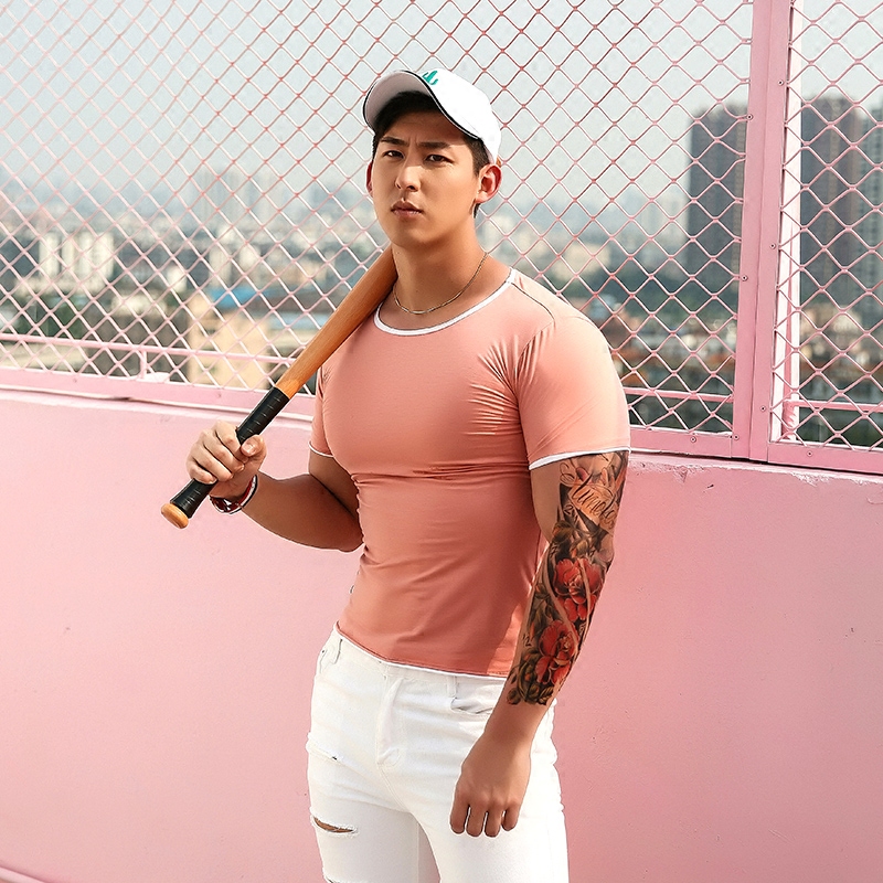 夏季新款假两件短袖T恤男 拼色圆领弹力纯棉修身打底衫白色潮男装