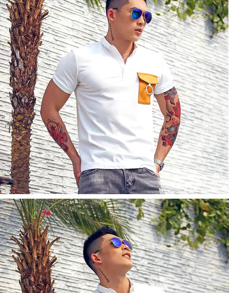 Mùa hè 2018 mới màu tương phản túi hoop áo polo ngắn tay nam Slim cotton co giãn POLO thể dục nam shop bán áo thun nam có cổ