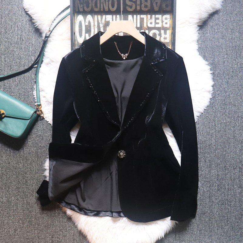 2025 Autumn/Winter High-End Rhinestone Lapel Collar Elegant Black Velvet Slim Fit Blazer Jacket