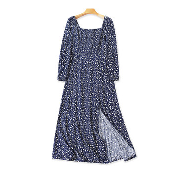 French square neck floral dress summer new-sleeved waist mid-length slim pullover slit skirt 15324