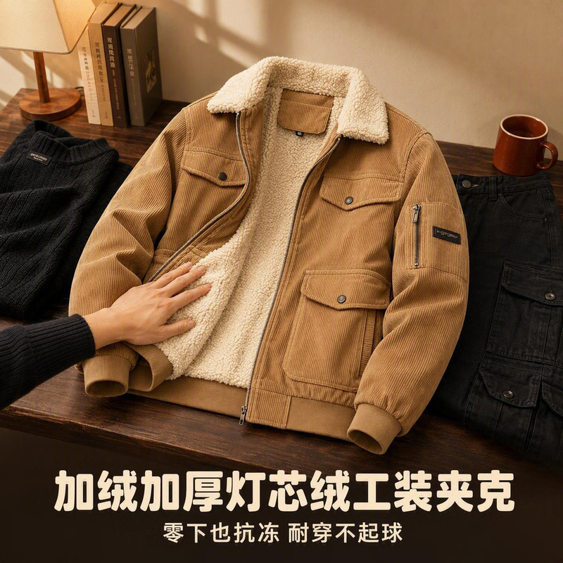 Winter Lamb Wool Thickened New Corduroy Jacket for Men, Casual Loose Trendy Workwear with Large Pockets and Turn-Down Collar Cotton Coat Winter Lamb Wool Thickened New Corduroy Jacket for Men, Casual Loose Trendy Workwear with Large Pockets and Turn-Down Collar Cotton Coat