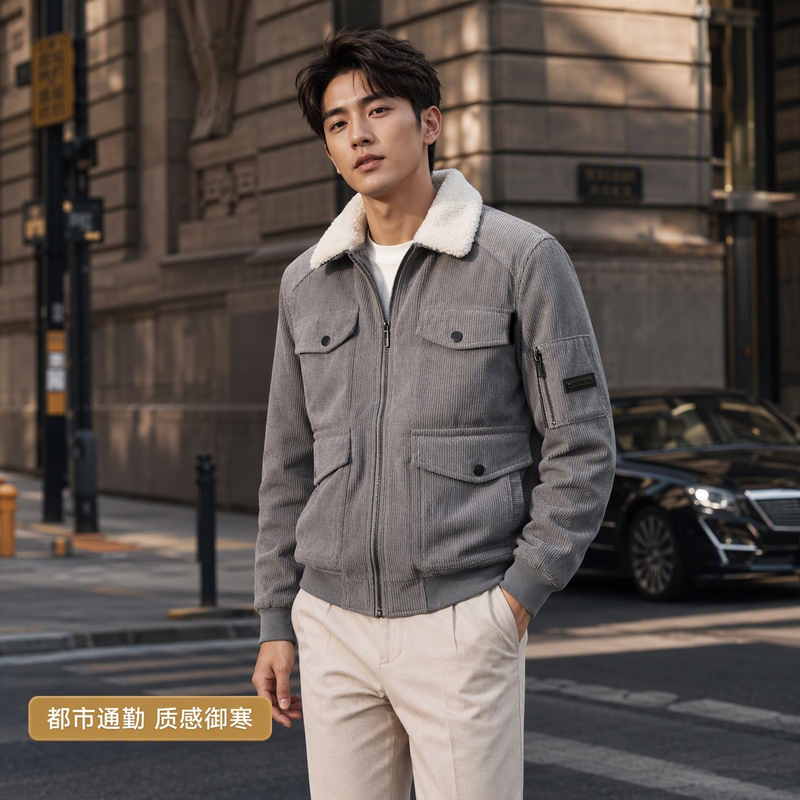 Time Tree High-End Corduroy Loose Business Lapel Lamb Wool Fleece Thickened Cotton Coat with Large Pockets for Men Time Tree High-End Corduroy Loose Business Lapel Lamb Wool Fleece Thickened Cotton Coat with Large Pockets for Men
