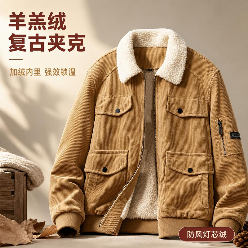 Winter Clothing 2026 New Corduroy Lamb Wool Cotton Jacket Warm Workwear Lapel Cotton Coat Middle-Aged Men's Jacket Winter Clothing 2026 New Corduroy Lamb Wool Cotton Jacket Warm Workwear Lapel Cotton Coat Middle-Aged Men's Jacket