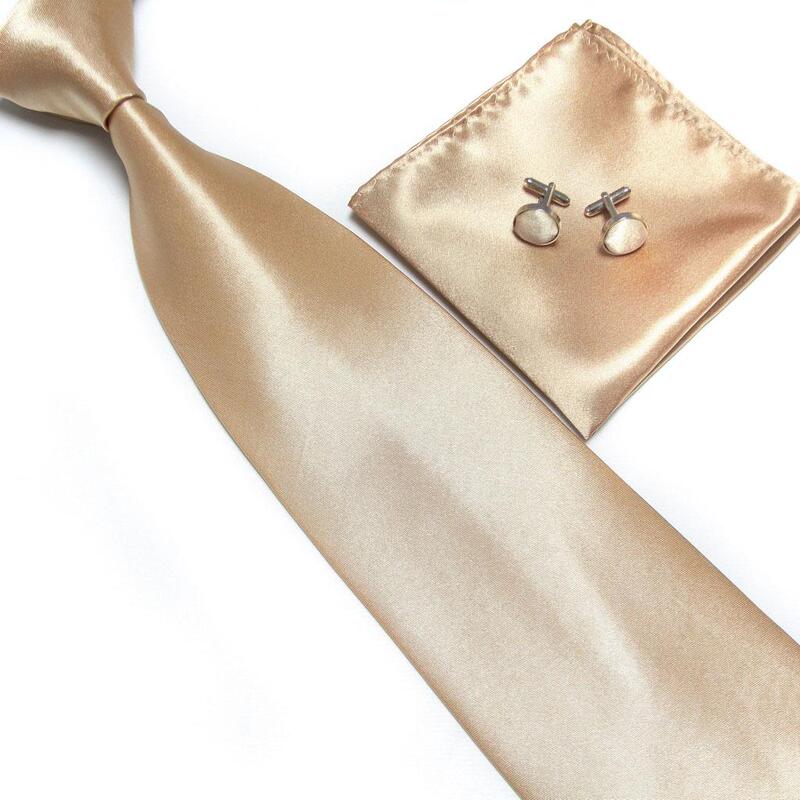 Men's Faux Silk 10cm Wide Hand-Tied Tie Set with Cufflinks and Handkerchief Three-Piece Set Champagne Color Neck Tie