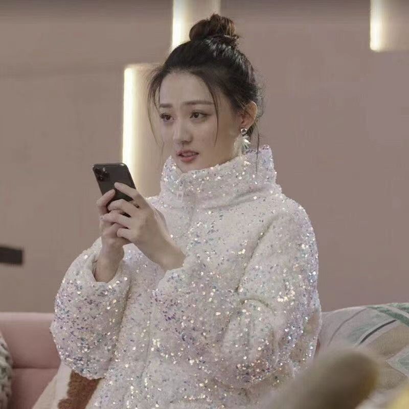 Xu Lu Celebrity Style 2026 Winter New White Sequin down Cotton Coat Loose Stand Collar Puffer Jacket for Women
