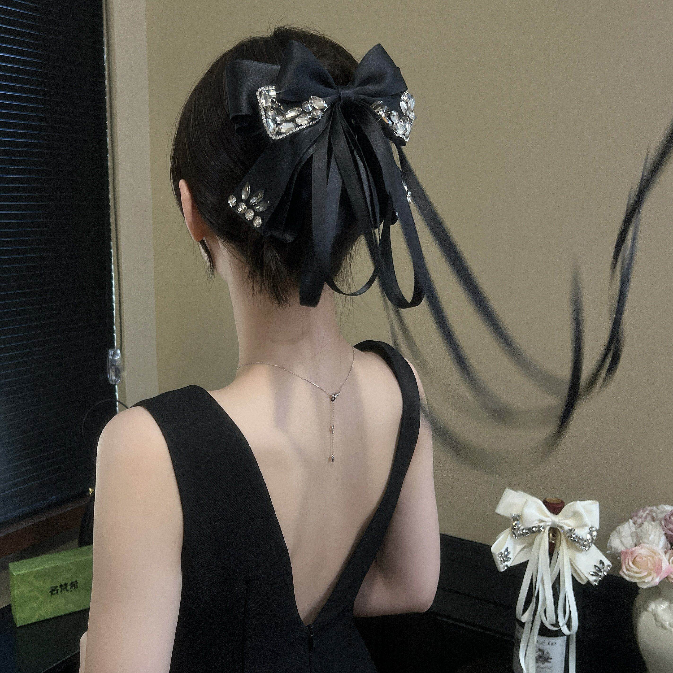 Luxury and sophisticated evening banquet butterfly zircon bow ribbon ponytail clip long ribbon sweet and fashionable hair accessory