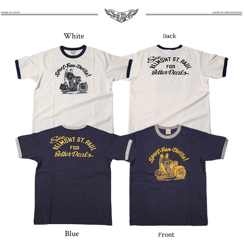Roman Holiday Non Stock Biker American Retro Blue and White Biker Motorcycle Print Round Neck Short-Sleeved T-Shirt