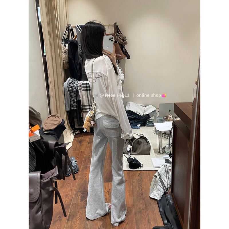Neee Feb11【Just What I Need】Gray Flared Casual Pants for Women, Versatile Slim-Fit Sweatpants with Drawstring for Autumn