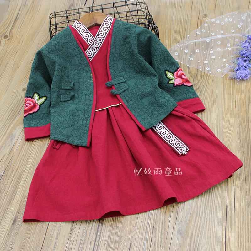 Girls ' national wind cotton linen jacquard Hanfu long sleeve dress Baby Chinese style ancient dress lace-up skirt 2021 spring