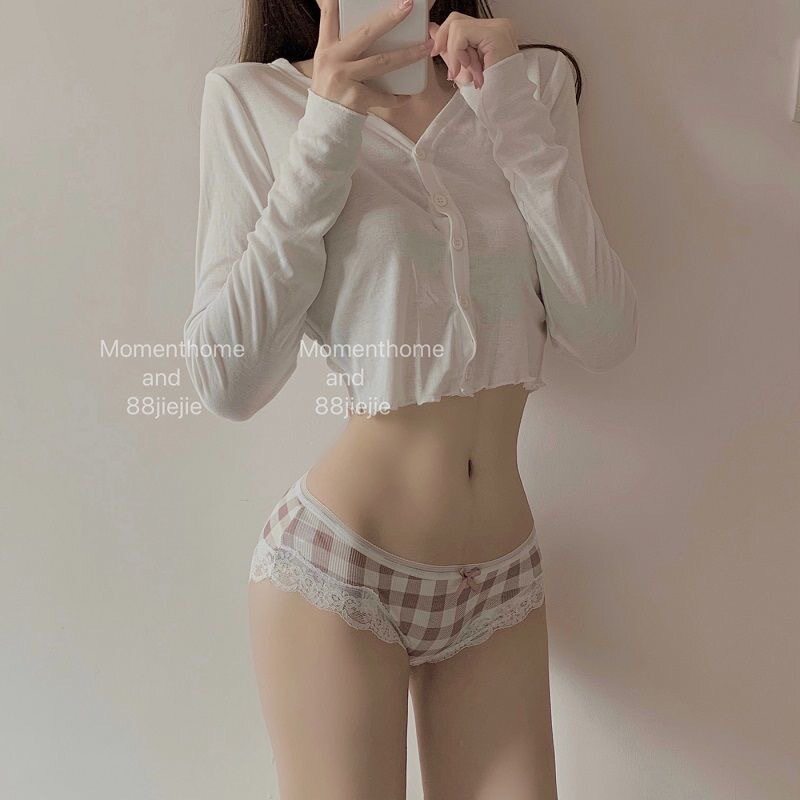 Japanese light and thin plaid lace edge pure cotton panties for women mid-low waist cotton crotch antibacterial breathable hip-lifting briefs