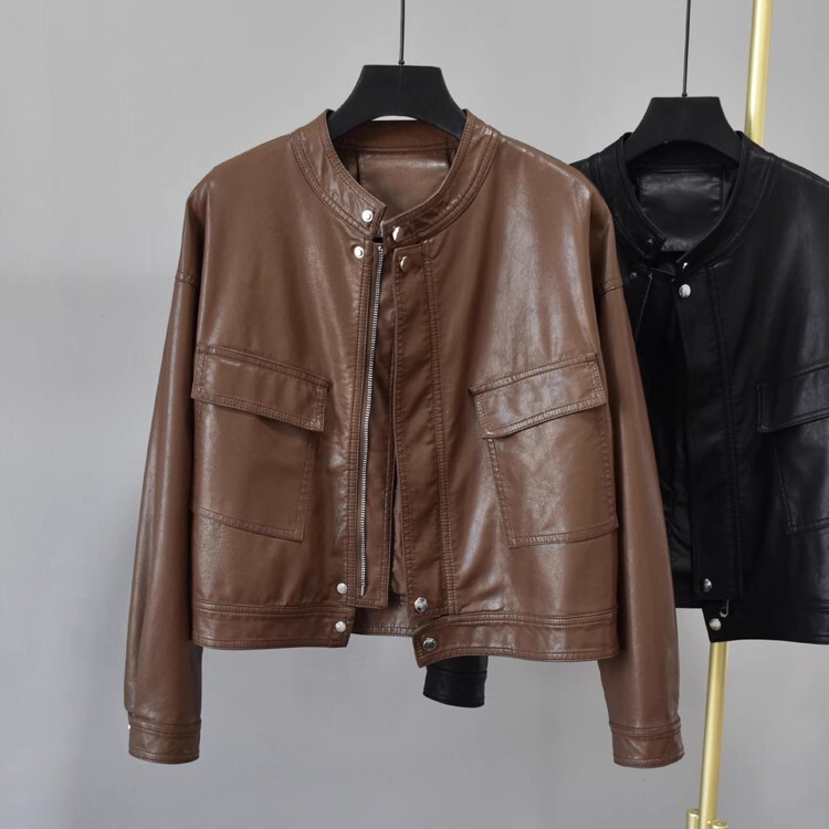 Loose Plus-Size Leather Jacket for Women, Short Style, Spring and Autumn Leather Jacket, Pu Leather Coat, Biker Jacket, Haining Leather Jacket, Slimming Effect