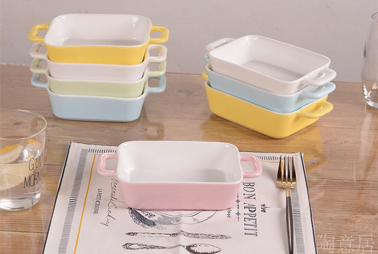 Ceramic Baking Pan Cheese Baked Rice Plate Bowl Double Ear Rectangular Plate Square Plate Baking Bowl Oven Household Tableware