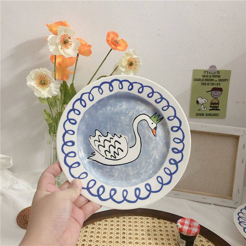 Japanese hand-painted style blue swan dinner plate ins ceramic plate dessert plate decorative plate flat plate cake plate hanging plate