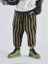 iiaammo original design spring new product contrast color stripe mid-waist casual childrens harem casual trousers