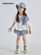 iiaammo summer foreign style princess bow bamboo cotton plaid short-sleeved T-shirt childrens plaid bud pants