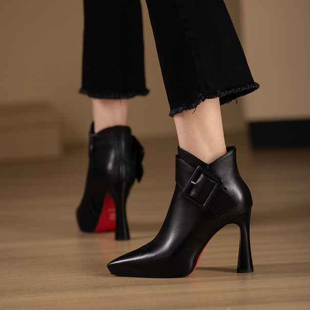 10cm Black Super High Heel Shoes with Chunky Heel, Pointed Toe, Waterproof Platform, Short Boots for Women, with Belt Buckle, Sexy Petite Martin Boots