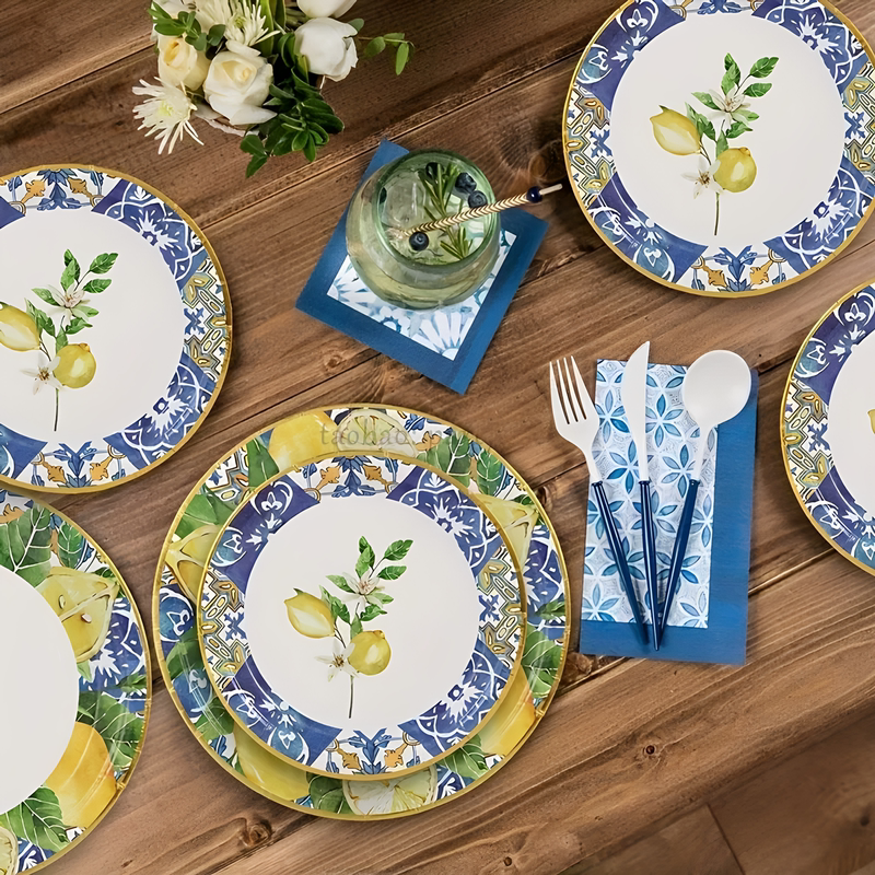 Disposable Paper Plates Mediterranean Style Theme Party Fruit Pastry Plates Holiday Decoration Supplies Plate and Cup Set
