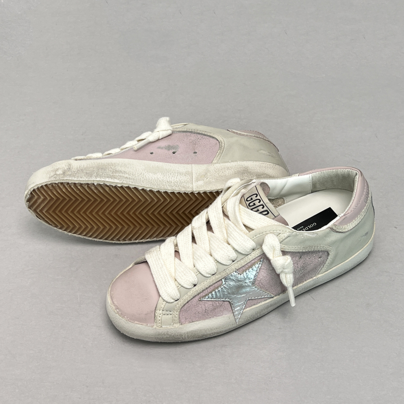 2026 New Style Genuine Leather Distressed Silver Star Dirty Shoes for Women, Pink Inner Height-Increasing Lace-Up Trendy Sneakers