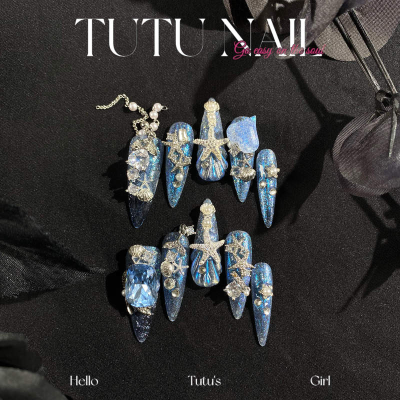 【Pisces】Tutu Nail Handmade Wearable Nails Removable Manicure Heavy Craft Luxury Long Pointed t Blue Chain 【Pisces】Tutu Nail Handmade Wearable Nails Removable Manicure Heavy Craft Luxury Long Pointed t Blue Chain