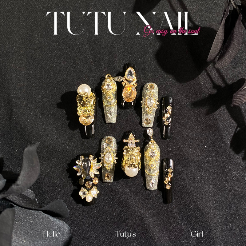 【Leo】Tutu Nail Handmade Wearable Nails Removable Nail Art Heavy Craft Luxury Long T-Shaped Black Gold Zodiac Sign