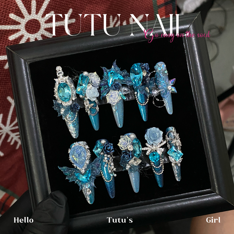 [Blue Enchantress] Tutu Nail Handmade Wearable Nail Art Blue Butterfly Fish Line Heavy Craft Rose Carving