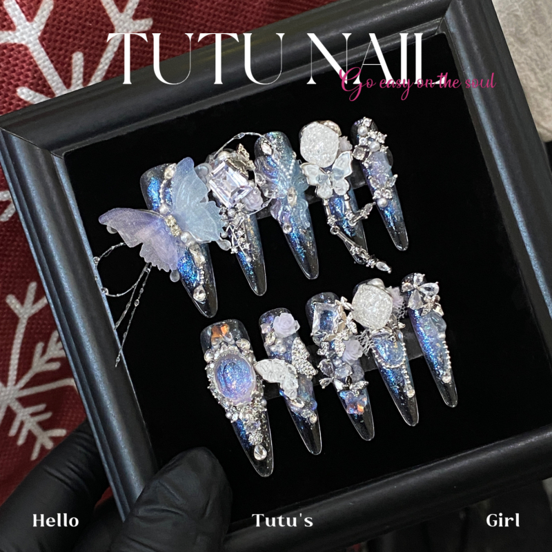 [Ice Crystal Butterfly] Tutu Nail Handmade Wearable Nail Art Purple Blue Butterfly Fish Line Heavy Craft Ice Transparent Carving