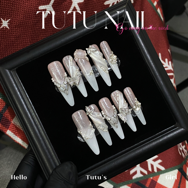 【Su Sha】Tutu Nail Handmade Wearable Nails, Wedding Nails, Bridal Heavy-Duty Silk Satin Nude Color Gentle White