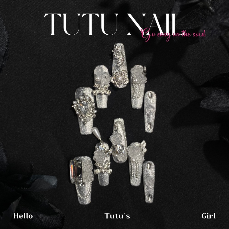 【Qi Sili's Gentle Care】Tutu Nail Handmade Cat Eye Silver Nail Art Rotating Extra Long T-Shaped White Wedding Nails 【Qi Sili's Gentle Care】Tutu Nail Handmade Cat Eye Silver Nail Art Rotating Extra Long T-Shaped White Wedding Nails