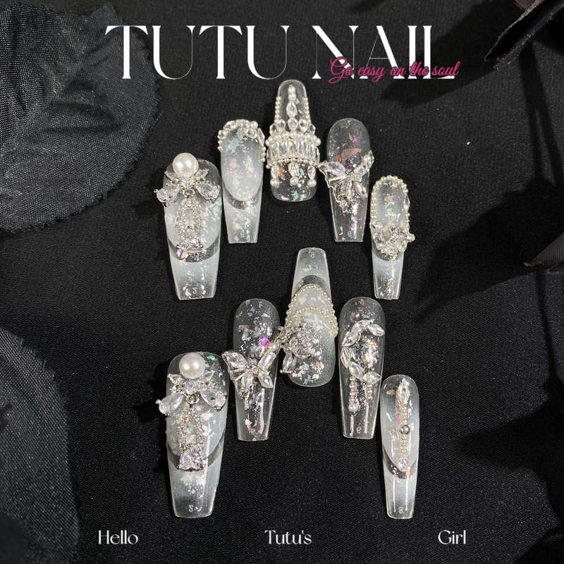 【Snow View】Tutu Nail Handmade Wearable Detachable Nail Art Extra Long T-Shaped Zircon and Diamond White French Wedding Nails