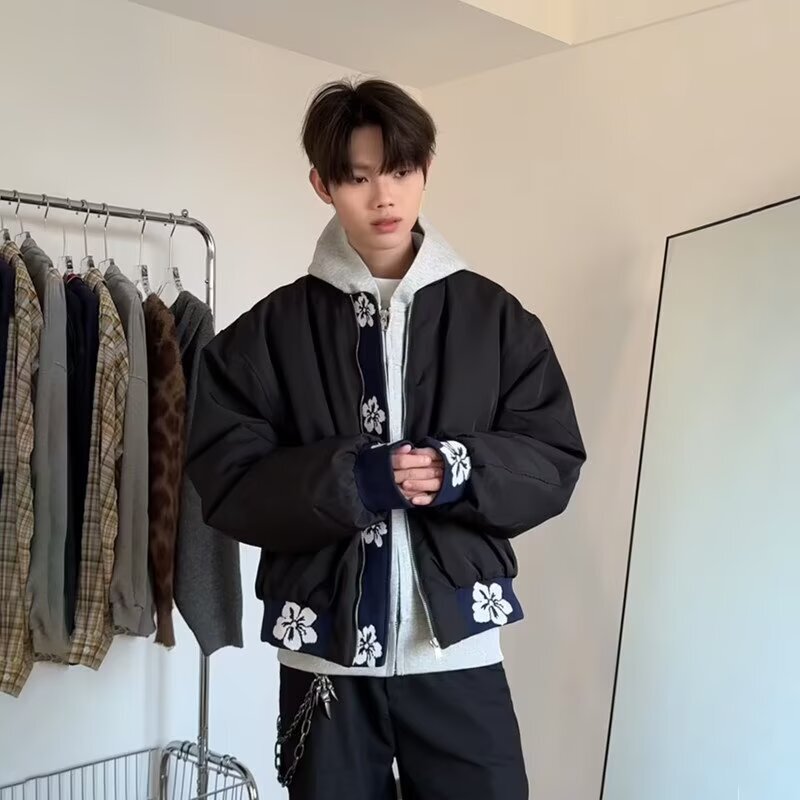 Floral Jacquard Jacket for Men, New Spring and Autumn Bomber Jacket, Trendy Black American-Style Stand-Collar Baseball Jacket Floral Jacquard Jacket for Men, New Spring and Autumn Bomber Jacket, Trendy Black American-Style Stand-Collar Baseball Jacket