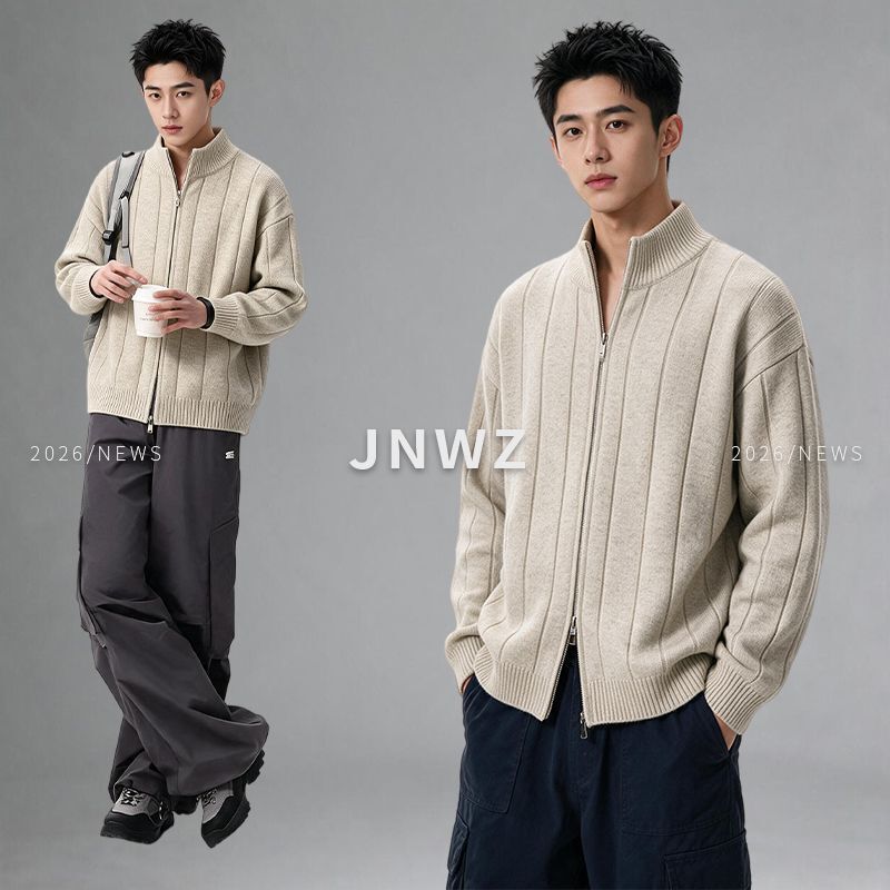 Jnwz American-Style Trendy Cardigan Sweater with Stand-Up Collar, Men's New Autumn Loose Casual Double-Zipper Versatile Jacket Jnwz American-Style Trendy Cardigan Sweater with Stand-Up Collar, Men's New Autumn Loose Casual Double-Zipper Versatile Jacket