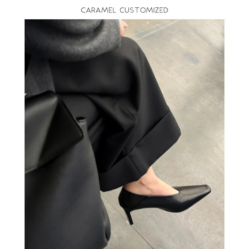 Caramel-New Style Versatile French Square Toe Genuine Leather Thick Heel Flats Witch Shoes Normcore High Heels (7cm)