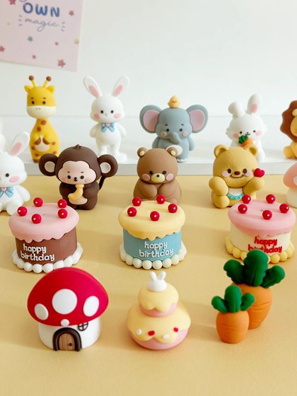 卡通森系动物生日蛋糕装饰软胶小熊小兔蘑菇屋萝卜兔狮子大象摆件