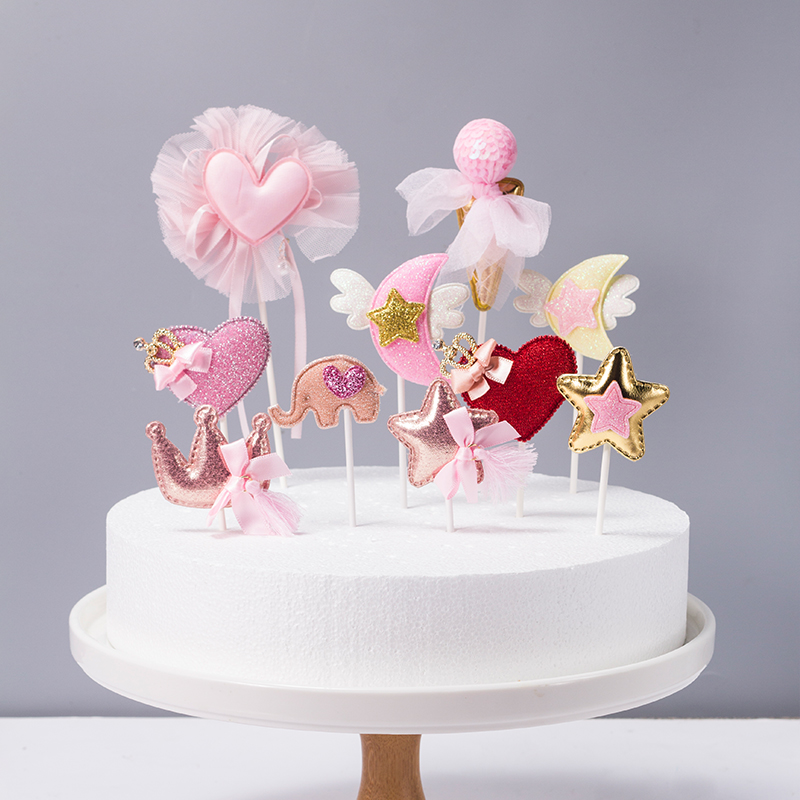 Birthday Cake Decoration Plug-in swing pieces Pink Rabbit Small Elephant Stars Crown Loving meritocratic web yarn ice cream-Taobao