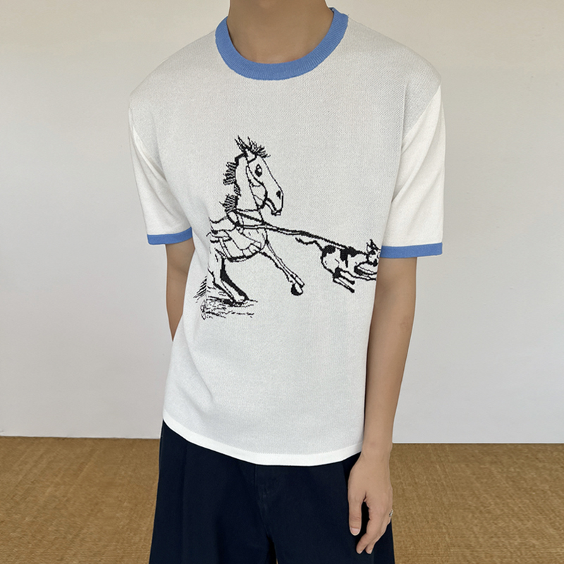 Chein【Wild Horse Spirit】Abstract Jacquard Color-Blocking Knit Crew Neck Short-Sleeve Loose Niche High-End T-Shirt for Men and Women Chein【Wild Horse Spirit】Abstract Jacquard Color-Blocking Knit Crew Neck Short-Sleeve Loose Niche High-End T-Shirt for Men and Women