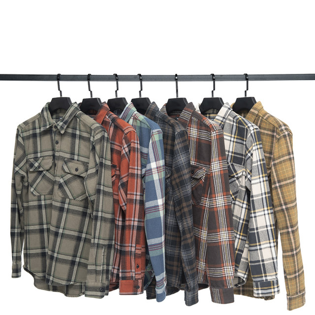 Heavyweight American flannel brushed plaid shirt men's thickened retro casual large size long-sleeved shirt vintage