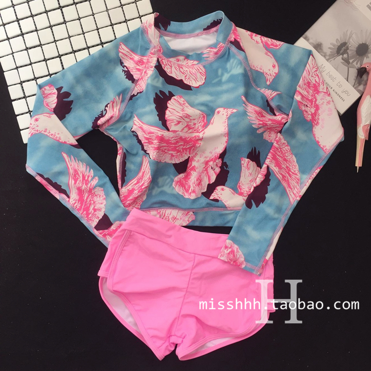 暧昧 -Korea lặn dài tay chia áo tắm nữ boxer hồng lướt kem chống nắng ngực lớn ngực nhỏ giảm béo bụng áo tắm 2 mảnh yếm