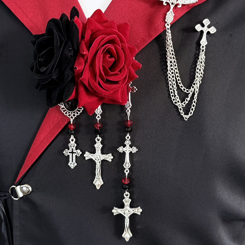 Dark Gothic Rose Black and Red Color Block Cross Brooch Corsage Hair Clip Lolita Halloween Cosplay Accessories