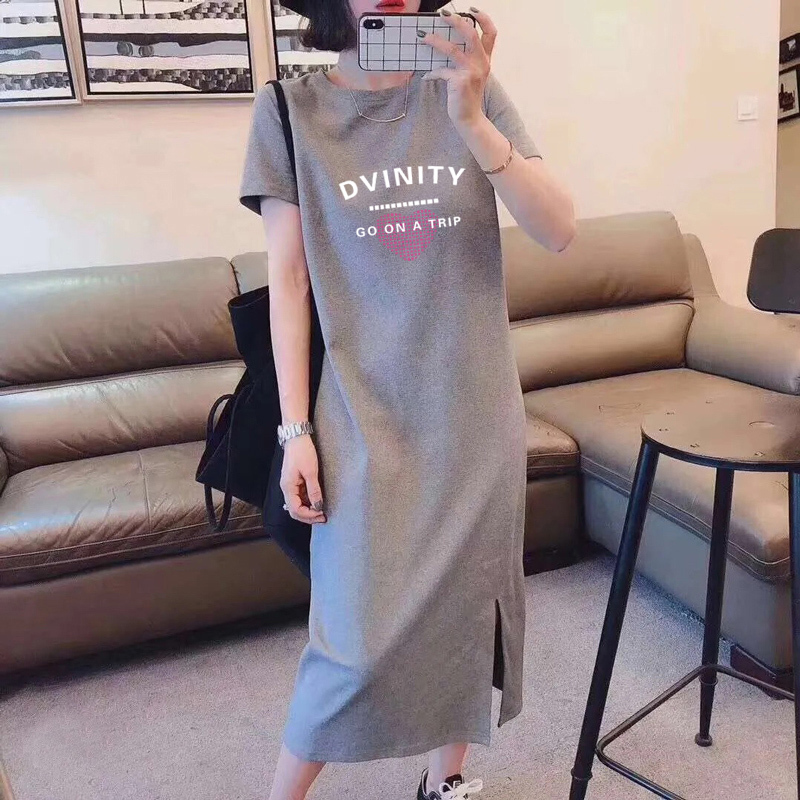 Pure Cotton 100kg Plus Size Fat Sister Style Slit Dress Summer Women's New Slimming Belly-Covering Knee-Length Long T-Shirt Dress