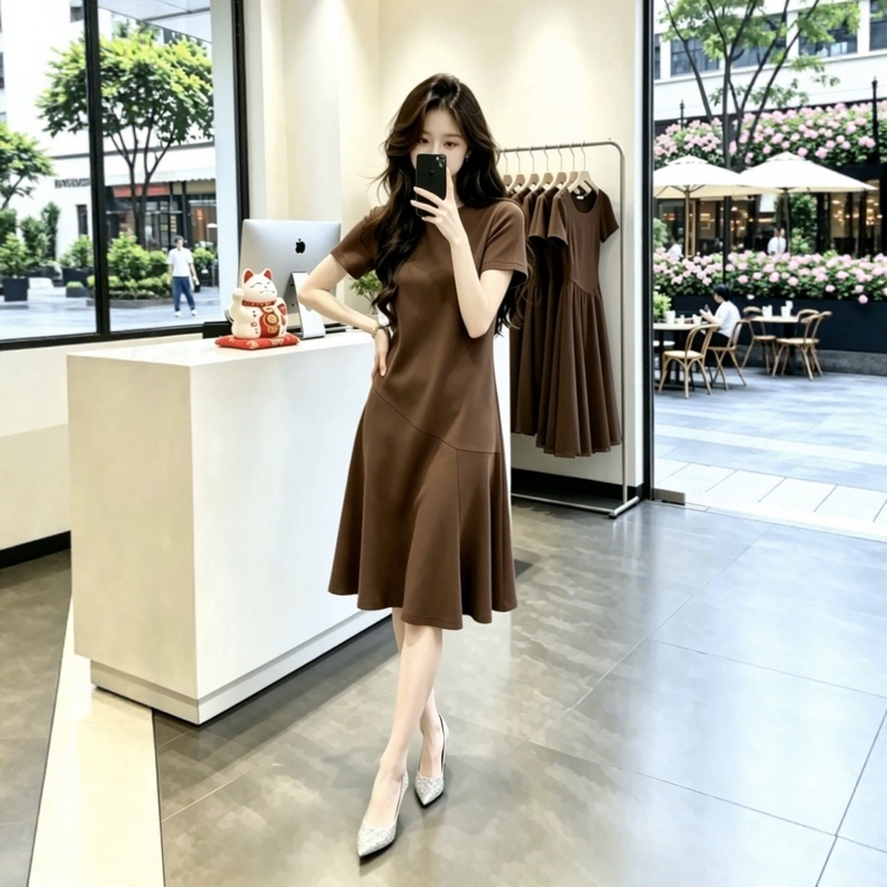 Fat Girl's French Style Lazy Dress, Women's Summer Large Size Slimming and Flesh-Covering Ruffled Mid-Length T-Shirt Dress