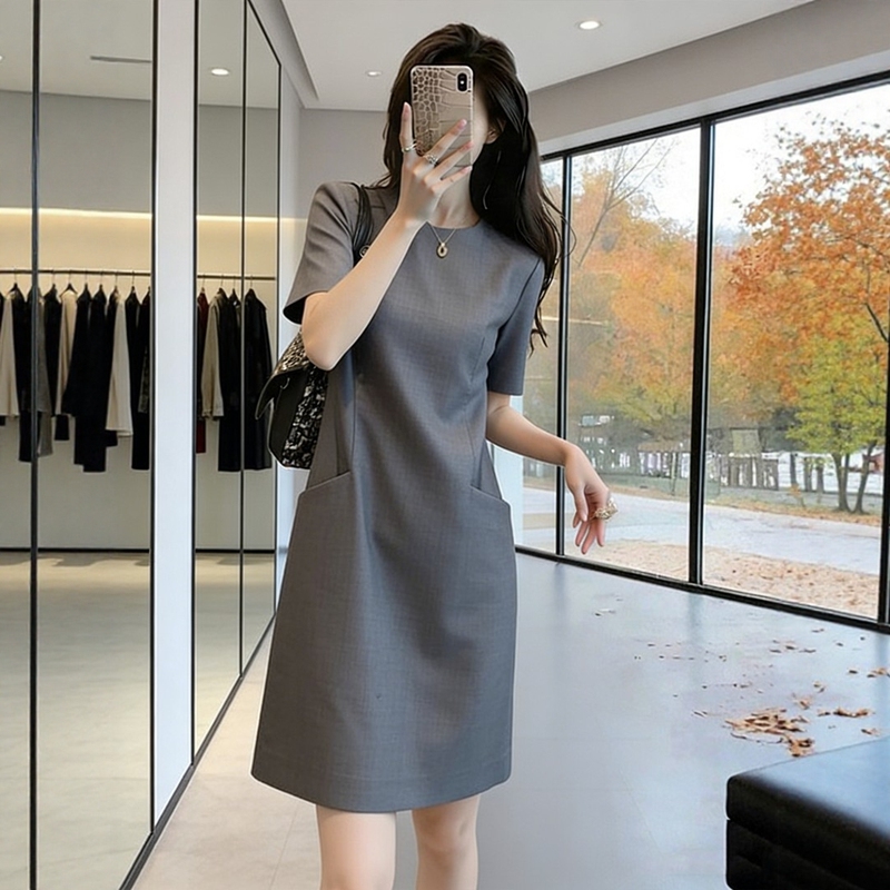 Fat Girl's Gray Short-Sleeved Dress, Women's Work Clothing A-Line Skirt, High-End and Elegant Workplace Outfit, Suit Shirt Dress Fat Girl's Gray Short-Sleeved Dress, Women's Work Clothing A-Line Skirt, High-End and Elegant Workplace Outfit, Suit Shirt Dress