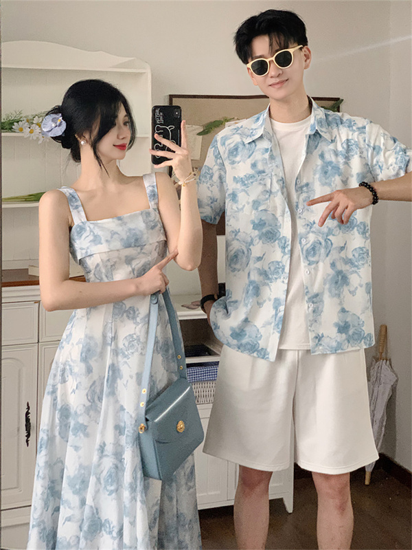 High-End Couple's Summer Outfit, One Skirt and One Shirt, Travel Vacation Style, Floral Men's Shirt and Women's Dress, 2026 New Style