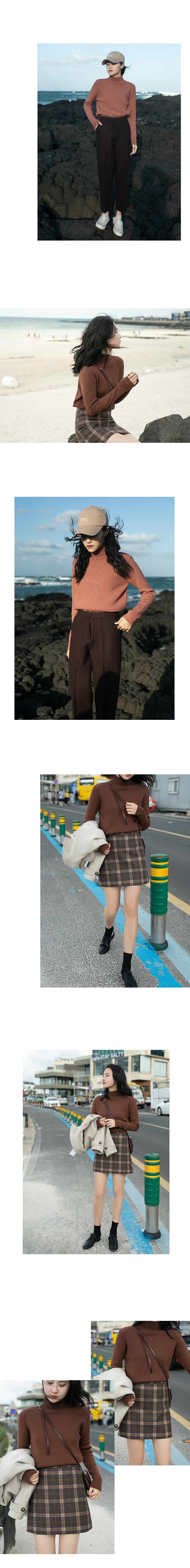 MIXDEMIND set áo len nâu nữ lưới màu đỏ chạm đáy có cổ cao đan 2018 mới thu đông áo cardigan nữ mỏng