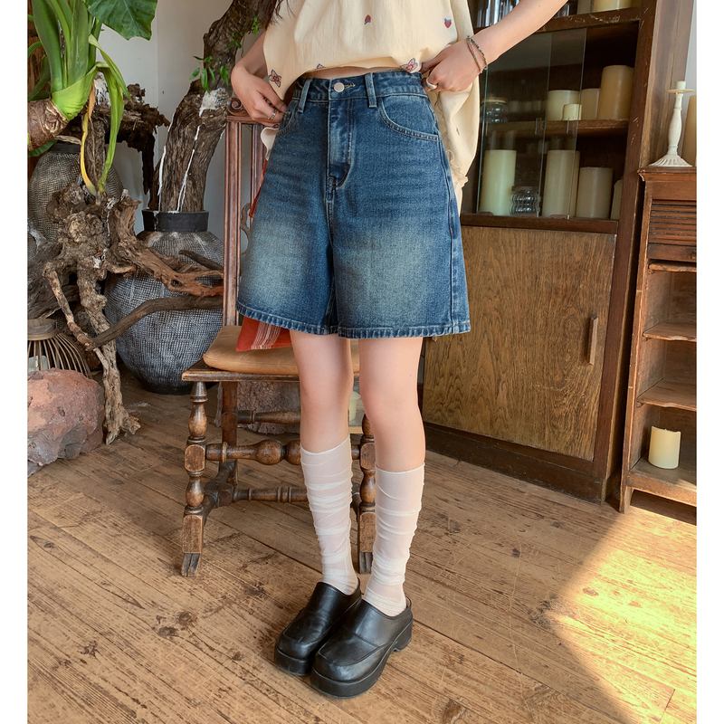 Women's Blue Denim Shorts for Summer, High-Waisted, Slimming, Thin, Straight-Leg, Wide-Leg, Mid-Length Pants for Petite Women