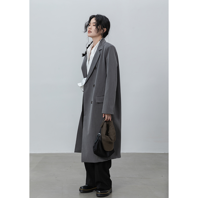 Find the grey long style suit big coat jacket female spring autumn black small sub positive shoulder white western suit 2023 new-Taobao