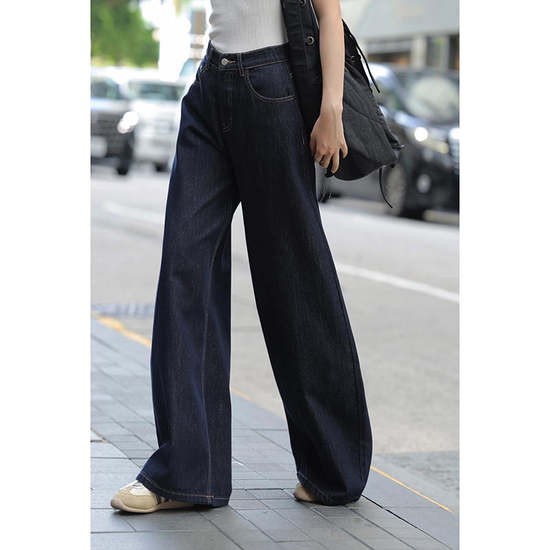 High-Waisted Straight-Leg Wide-Leg Jeans in Dark Blue Denim for Women, Suitable for Summer and Autumn, Thin Style High-Waisted Straight-Leg Wide-Leg Jeans in Dark Blue Denim for Women, Suitable for Summer and Autumn, Thin Style