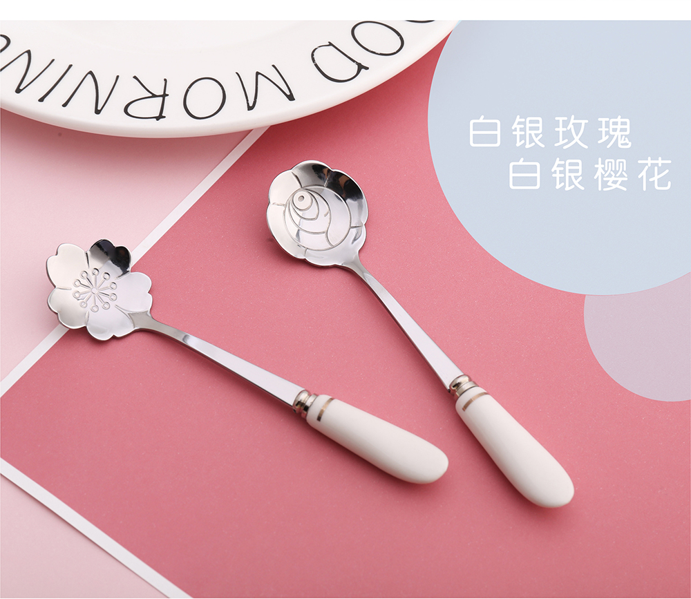 Tay cầm bằng gốm hoa lưới bằng thép không gỉ màu đỏ anh đào thìa cà phê sáng tạo thìa gia đình thìa thìa sáng tạo tráng miệng - Cà phê phin pha cafe inox lớn
