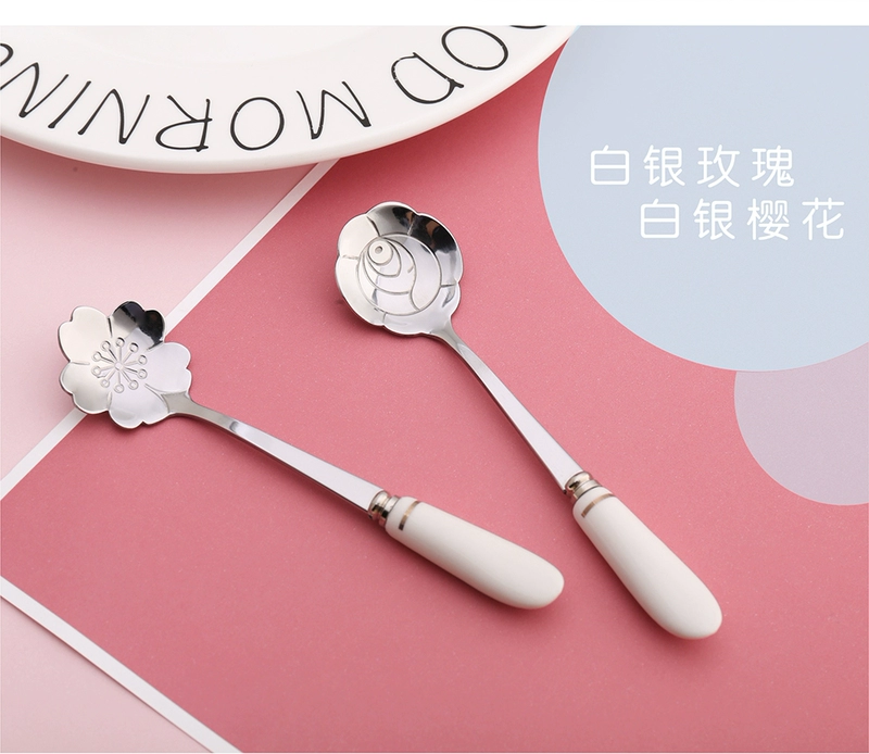 Tay cầm bằng gốm hoa lưới bằng thép không gỉ màu đỏ anh đào thìa cà phê sáng tạo thìa gia đình thìa thìa sáng tạo tráng miệng - Cà phê máy xay cà phê cầm tay
