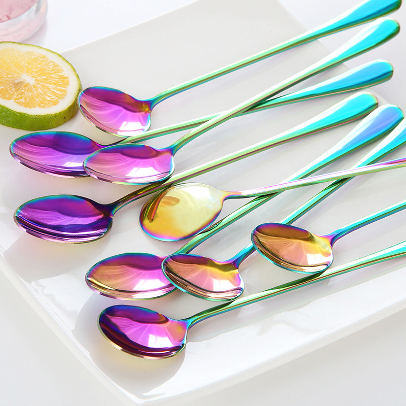 Magic Color Stainless Steel Long Handle Iced Tea Spoon Han Style Coffee Stirring Spoon Creative Meal Soup Spoon Home Coffee Fork Spoonful Cherry Blossom