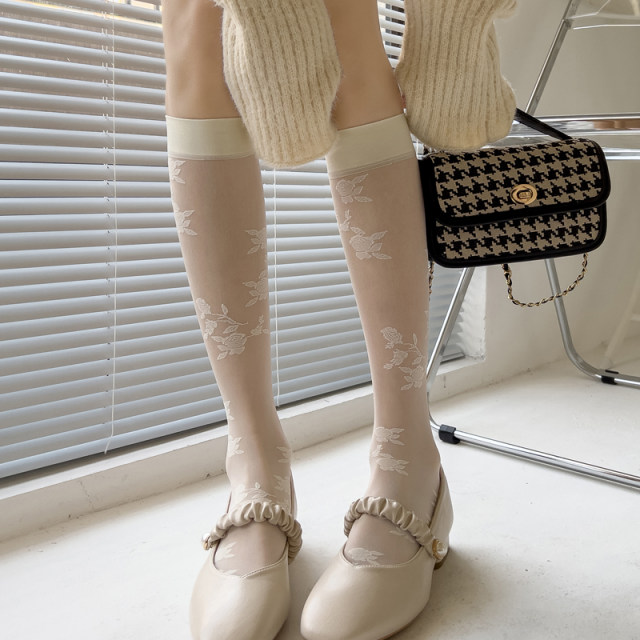 Japanese jk white calf socks spring and summer thin translucent jacquard stockings lolita milky white mid-calf socks for women